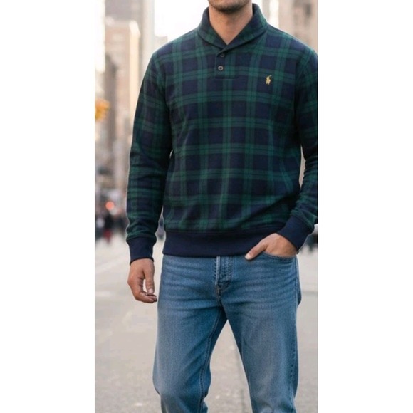 Polo Ralph Lauren Shirt Men's XL Green Blackwatch Plaid Custom Slim Fit Polo - Picture 2 of 16